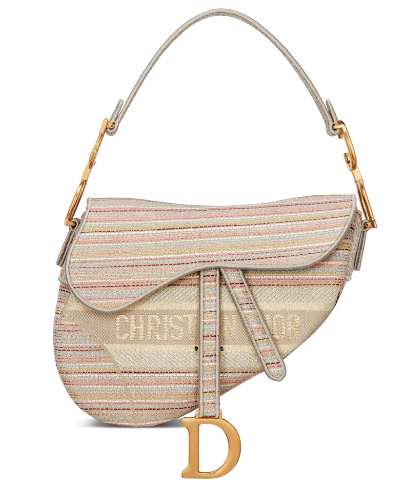 Christian Dior Multicolor Striped Embroidery Saddle Canvas Bag Apricot